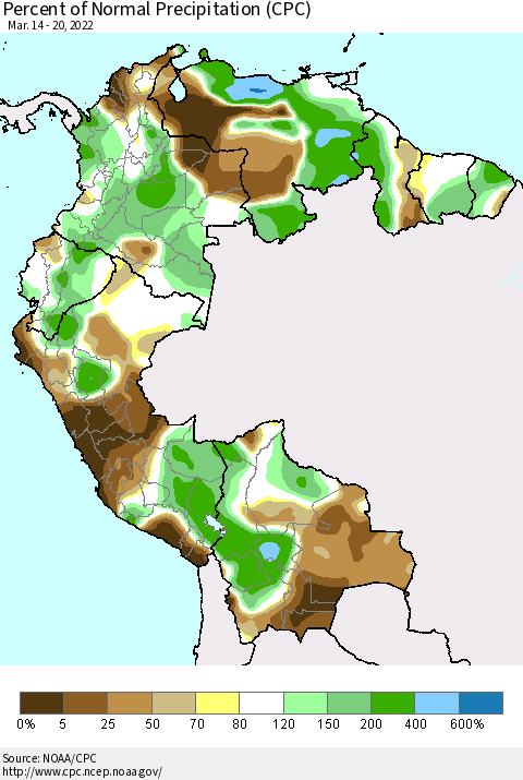 Northern South America Percent of Normal Precipitation (CPC) Thematic Map For 3/14/2022 - 3/20/2022
