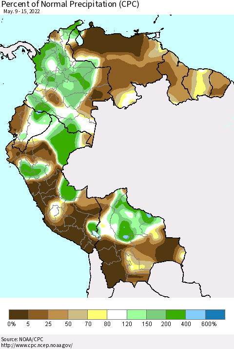 Northern South America Percent of Normal Precipitation (CPC) Thematic Map For 5/9/2022 - 5/15/2022