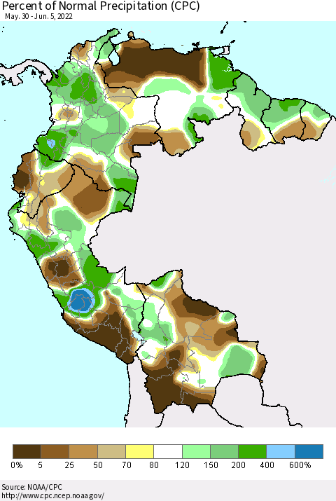 Northern South America Percent of Normal Precipitation (CPC) Thematic Map For 5/30/2022 - 6/5/2022