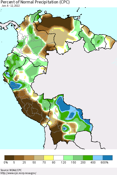 Northern South America Percent of Normal Precipitation (CPC) Thematic Map For 6/6/2022 - 6/12/2022