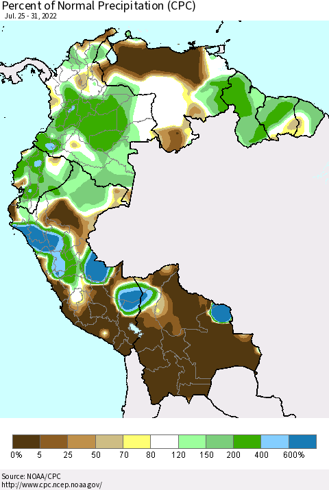Northern South America Percent of Normal Precipitation (CPC) Thematic Map For 7/25/2022 - 7/31/2022