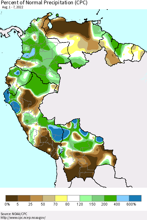 Northern South America Percent of Normal Precipitation (CPC) Thematic Map For 8/1/2022 - 8/7/2022