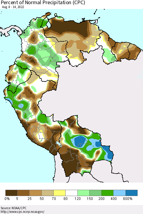 Northern South America Percent of Normal Precipitation (CPC) Thematic Map For 8/8/2022 - 8/14/2022