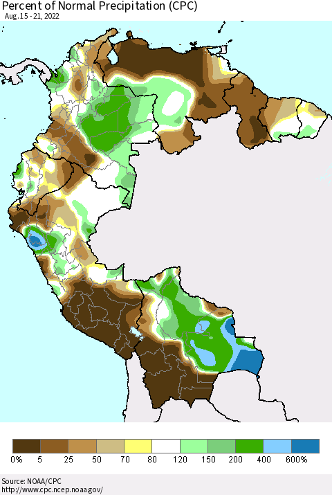 Northern South America Percent of Normal Precipitation (CPC) Thematic Map For 8/15/2022 - 8/21/2022