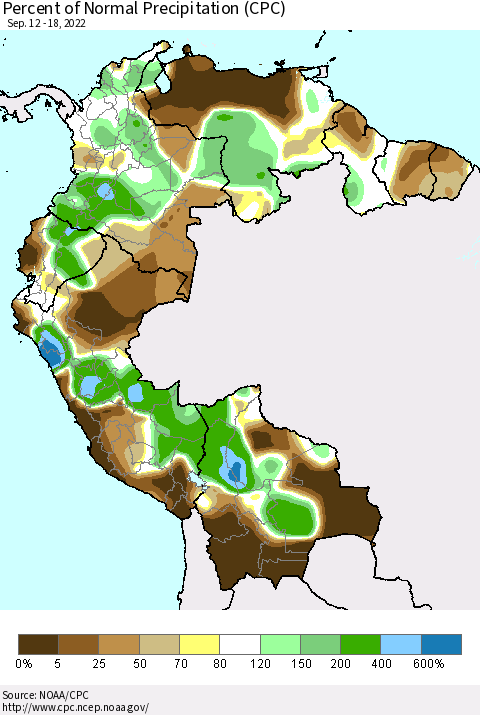 Northern South America Percent of Normal Precipitation (CPC) Thematic Map For 9/12/2022 - 9/18/2022