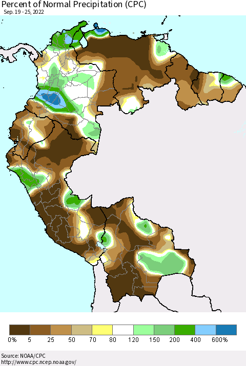 Northern South America Percent of Normal Precipitation (CPC) Thematic Map For 9/19/2022 - 9/25/2022