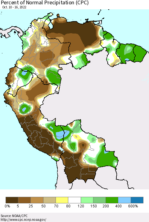 Northern South America Percent of Normal Precipitation (CPC) Thematic Map For 10/10/2022 - 10/16/2022