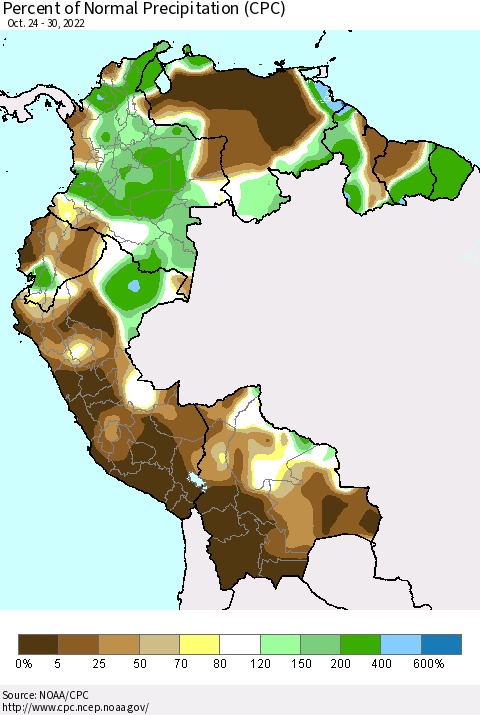 Northern South America Percent of Normal Precipitation (CPC) Thematic Map For 10/24/2022 - 10/30/2022