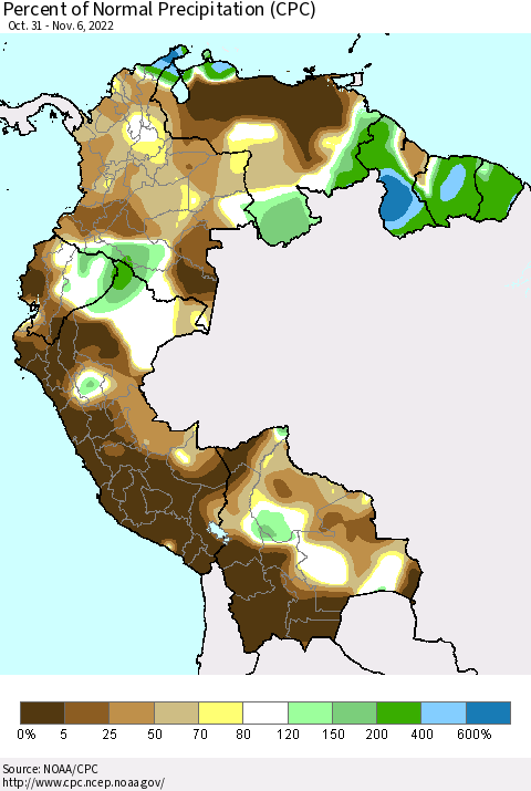 Northern South America Percent of Normal Precipitation (CPC) Thematic Map For 10/31/2022 - 11/6/2022
