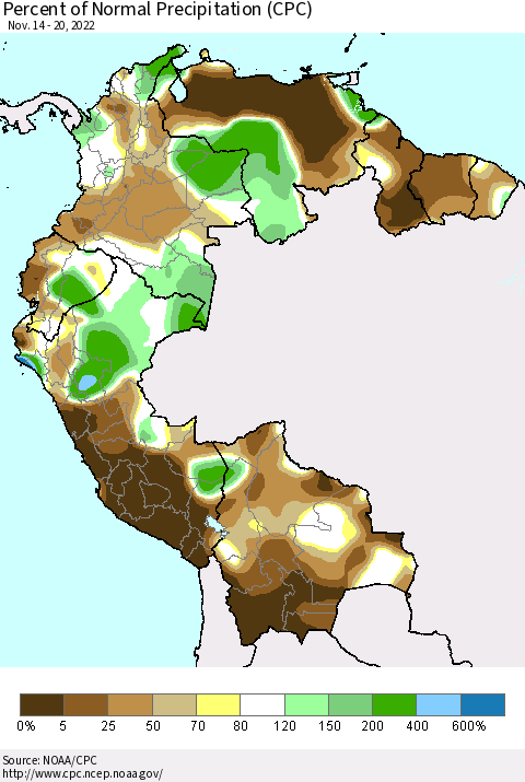 Northern South America Percent of Normal Precipitation (CPC) Thematic Map For 11/14/2022 - 11/20/2022