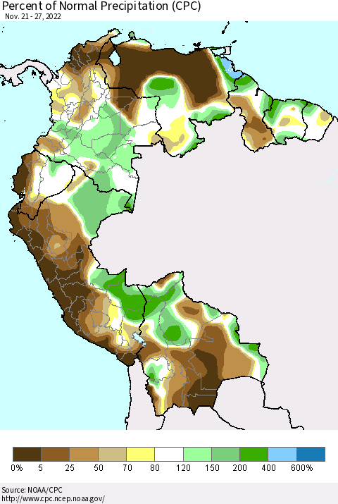 Northern South America Percent of Normal Precipitation (CPC) Thematic Map For 11/21/2022 - 11/27/2022