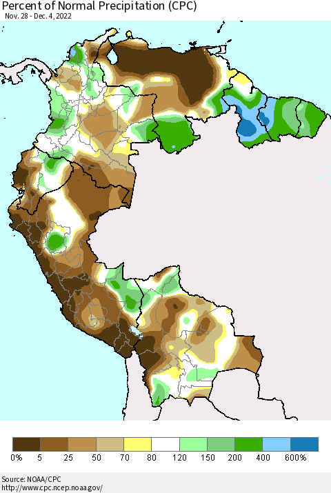 Northern South America Percent of Normal Precipitation (CPC) Thematic Map For 11/28/2022 - 12/4/2022