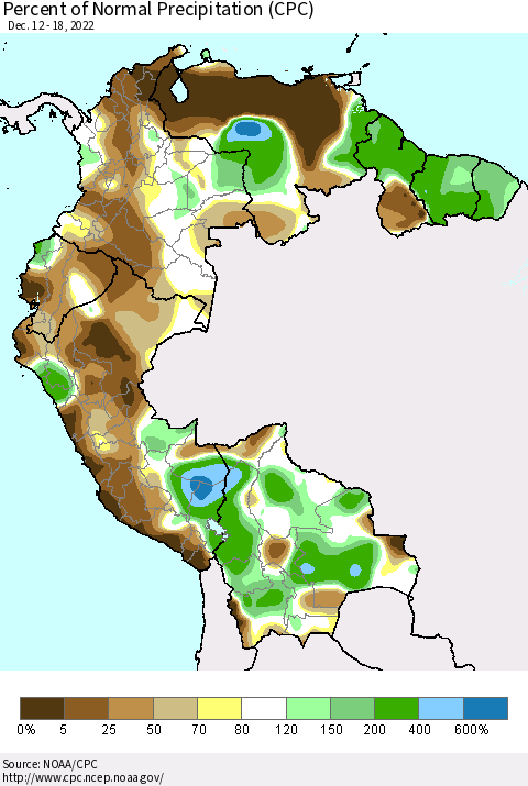 Northern South America Percent of Normal Precipitation (CPC) Thematic Map For 12/12/2022 - 12/18/2022