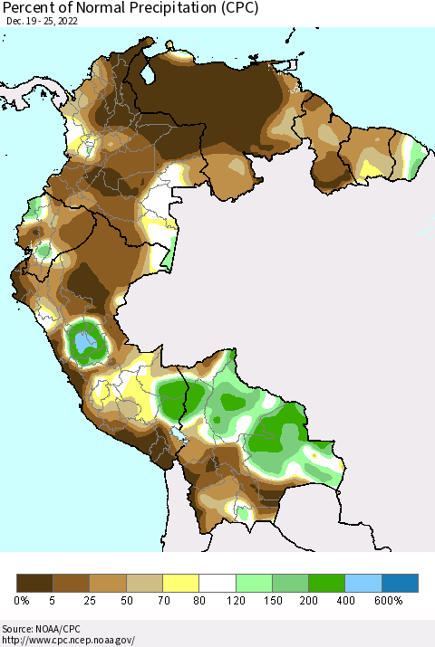 Northern South America Percent of Normal Precipitation (CPC) Thematic Map For 12/19/2022 - 12/25/2022