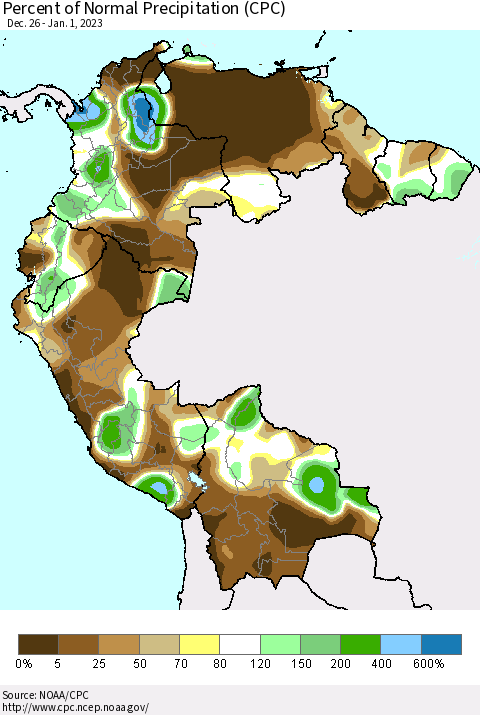 Northern South America Percent of Normal Precipitation (CPC) Thematic Map For 12/26/2022 - 1/1/2023