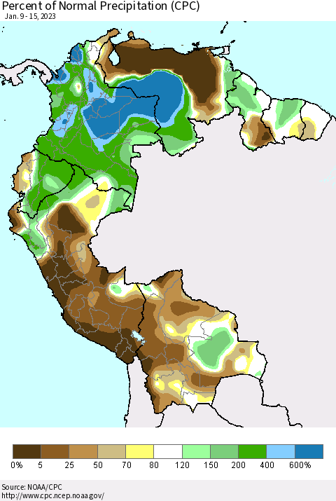Northern South America Percent of Normal Precipitation (CPC) Thematic Map For 1/9/2023 - 1/15/2023