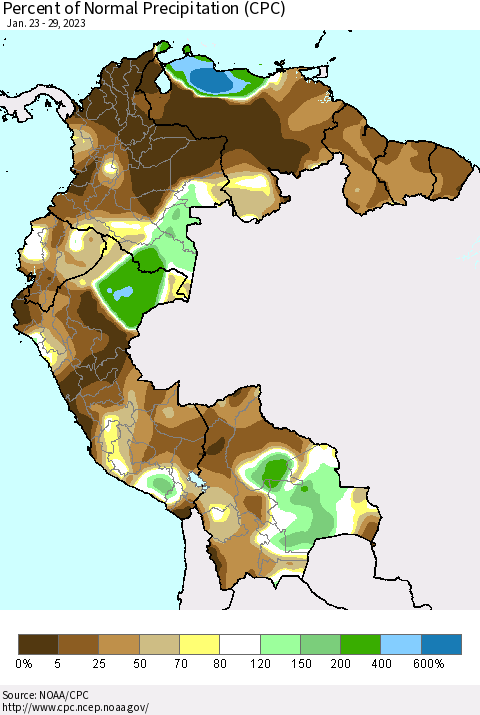 Northern South America Percent of Normal Precipitation (CPC) Thematic Map For 1/23/2023 - 1/29/2023