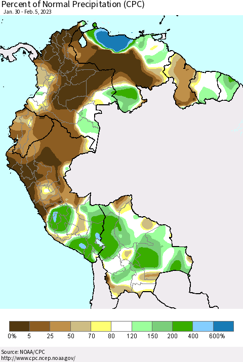Northern South America Percent of Normal Precipitation (CPC) Thematic Map For 1/30/2023 - 2/5/2023
