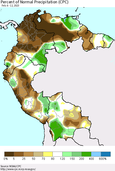 Northern South America Percent of Normal Precipitation (CPC) Thematic Map For 2/6/2023 - 2/12/2023