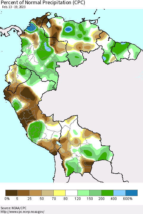 Northern South America Percent of Normal Precipitation (CPC) Thematic Map For 2/13/2023 - 2/19/2023