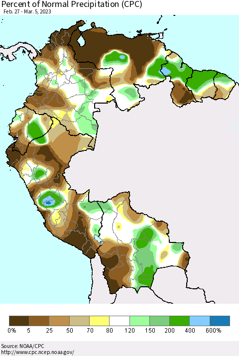 Northern South America Percent of Normal Precipitation (CPC) Thematic Map For 2/27/2023 - 3/5/2023