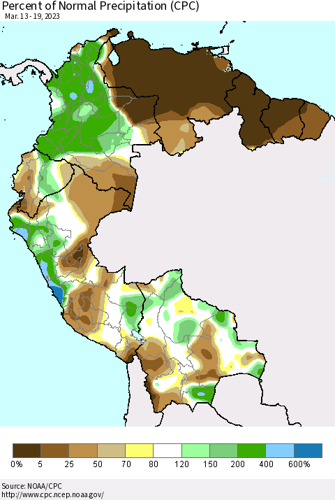 Northern South America Percent of Normal Precipitation (CPC) Thematic Map For 3/13/2023 - 3/19/2023