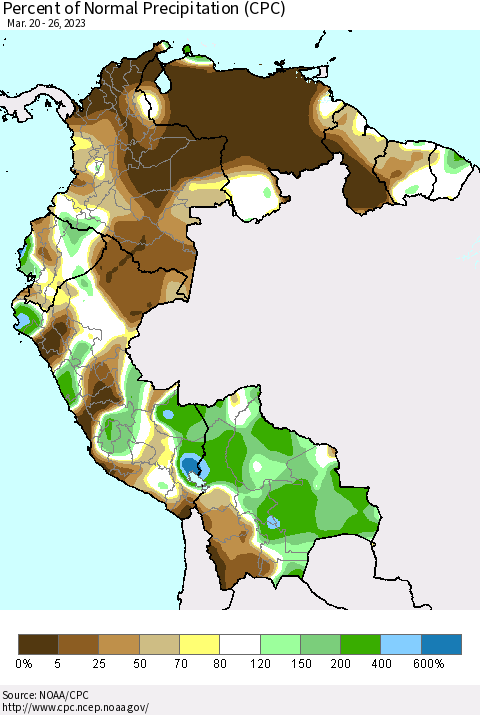 Northern South America Percent of Normal Precipitation (CPC) Thematic Map For 3/20/2023 - 3/26/2023