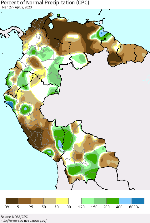 Northern South America Percent of Normal Precipitation (CPC) Thematic Map For 3/27/2023 - 4/2/2023