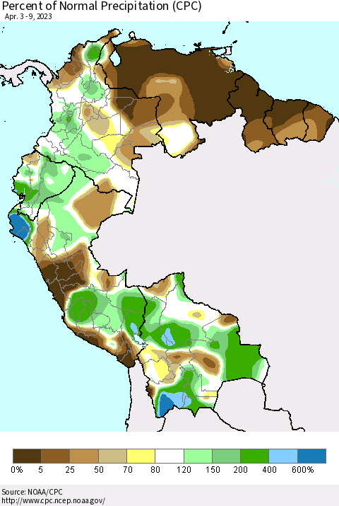 Northern South America Percent of Normal Precipitation (CPC) Thematic Map For 4/3/2023 - 4/9/2023