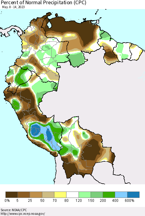 Northern South America Percent of Normal Precipitation (CPC) Thematic Map For 5/8/2023 - 5/14/2023