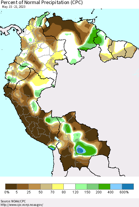 Northern South America Percent of Normal Precipitation (CPC) Thematic Map For 5/15/2023 - 5/21/2023