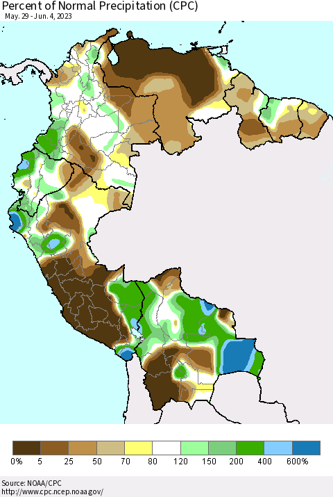 Northern South America Percent of Normal Precipitation (CPC) Thematic Map For 5/29/2023 - 6/4/2023