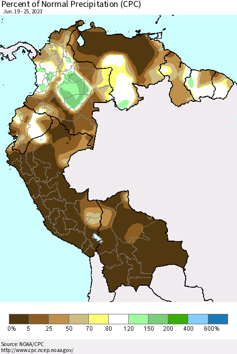 Northern South America Percent of Normal Precipitation (CPC) Thematic Map For 6/19/2023 - 6/25/2023