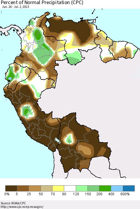Northern South America Percent of Normal Precipitation (CPC) Thematic Map For 6/26/2023 - 7/2/2023