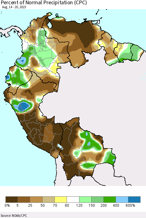 Northern South America Percent of Normal Precipitation (CPC) Thematic Map For 8/14/2023 - 8/20/2023