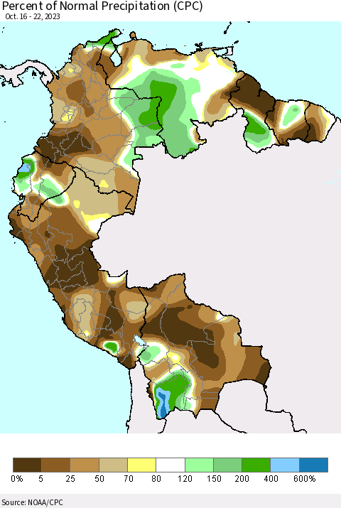 Northern South America Percent of Normal Precipitation (CPC) Thematic Map For 10/16/2023 - 10/22/2023