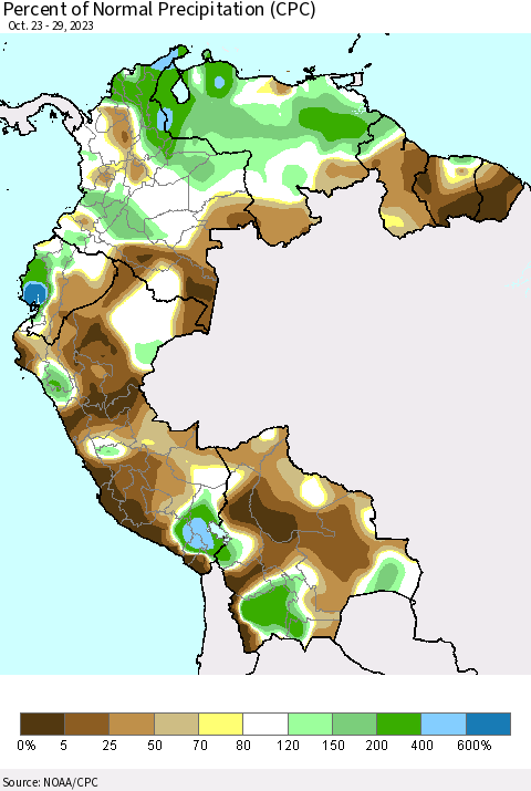 Northern South America Percent of Normal Precipitation (CPC) Thematic Map For 10/23/2023 - 10/29/2023
