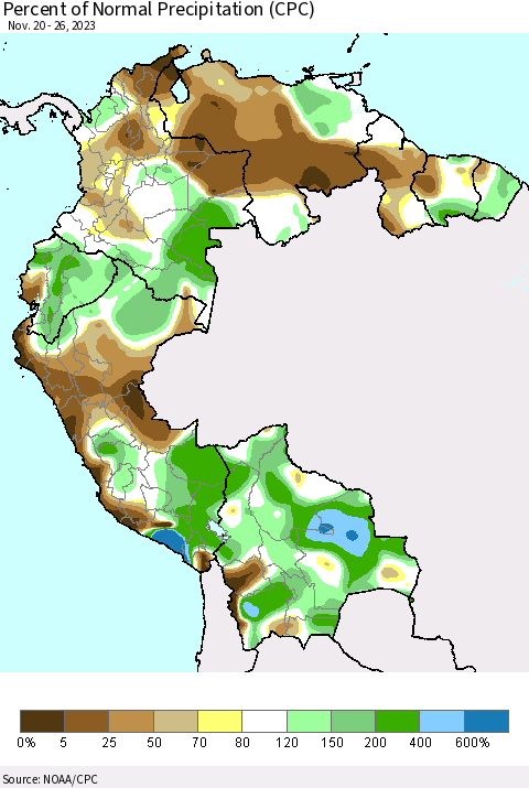 Northern South America Percent of Normal Precipitation (CPC) Thematic Map For 11/20/2023 - 11/26/2023