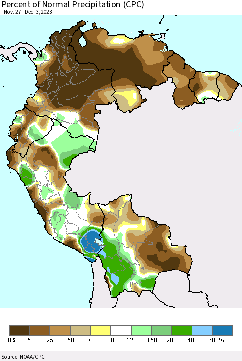 Northern South America Percent of Normal Precipitation (CPC) Thematic Map For 11/27/2023 - 12/3/2023