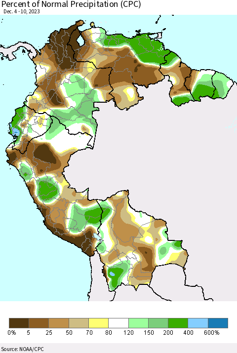 Northern South America Percent of Normal Precipitation (CPC) Thematic Map For 12/4/2023 - 12/10/2023