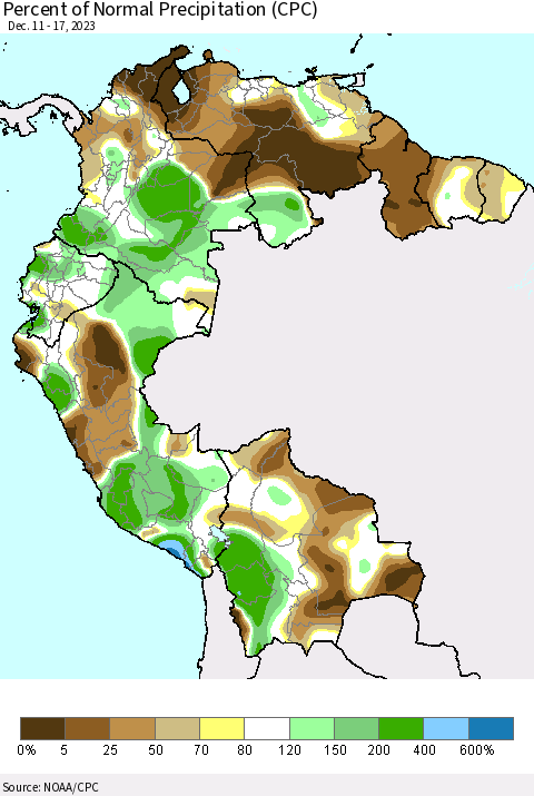 Northern South America Percent of Normal Precipitation (CPC) Thematic Map For 12/11/2023 - 12/17/2023