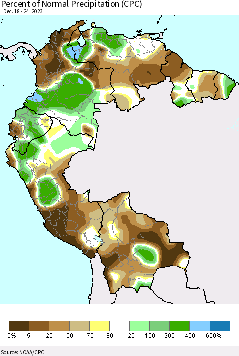 Northern South America Percent of Normal Precipitation (CPC) Thematic Map For 12/18/2023 - 12/24/2023