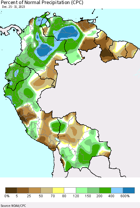 Northern South America Percent of Normal Precipitation (CPC) Thematic Map For 12/25/2023 - 12/31/2023