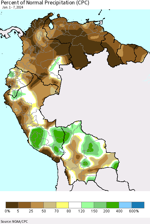 Northern South America Percent of Normal Precipitation (CPC) Thematic Map For 1/1/2024 - 1/7/2024