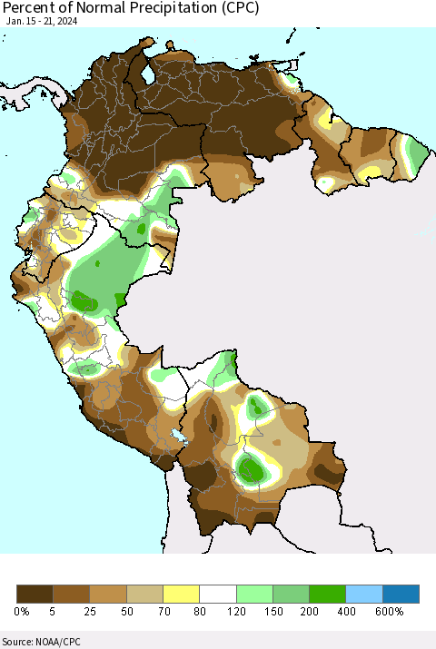 Northern South America Percent of Normal Precipitation (CPC) Thematic Map For 1/15/2024 - 1/21/2024