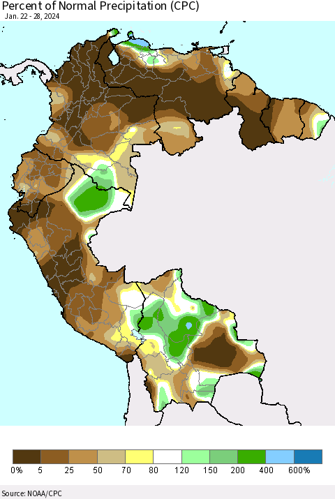 Northern South America Percent of Normal Precipitation (CPC) Thematic Map For 1/22/2024 - 1/28/2024