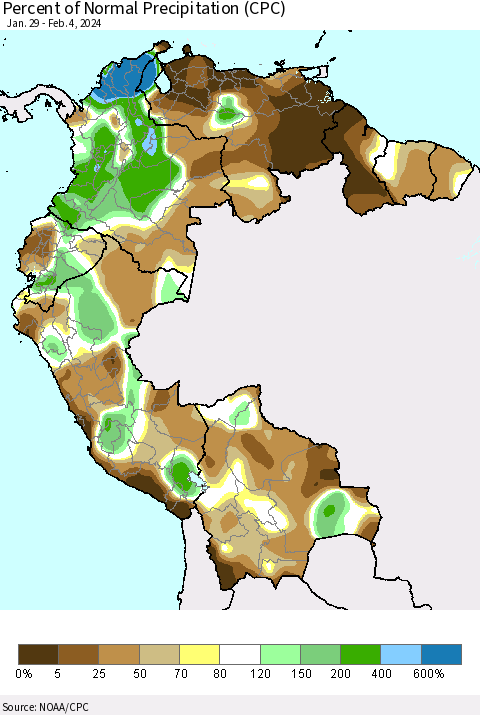 Northern South America Percent of Normal Precipitation (CPC) Thematic Map For 1/29/2024 - 2/4/2024