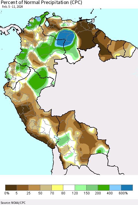 Northern South America Percent of Normal Precipitation (CPC) Thematic Map For 2/5/2024 - 2/11/2024