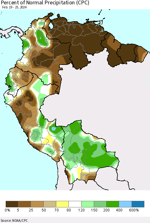 Northern South America Percent of Normal Precipitation (CPC) Thematic Map For 2/19/2024 - 2/25/2024