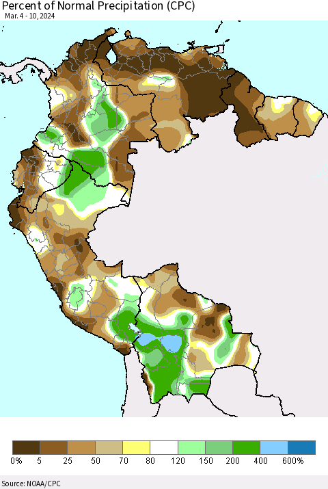 Northern South America Percent of Normal Precipitation (CPC) Thematic Map For 3/4/2024 - 3/10/2024